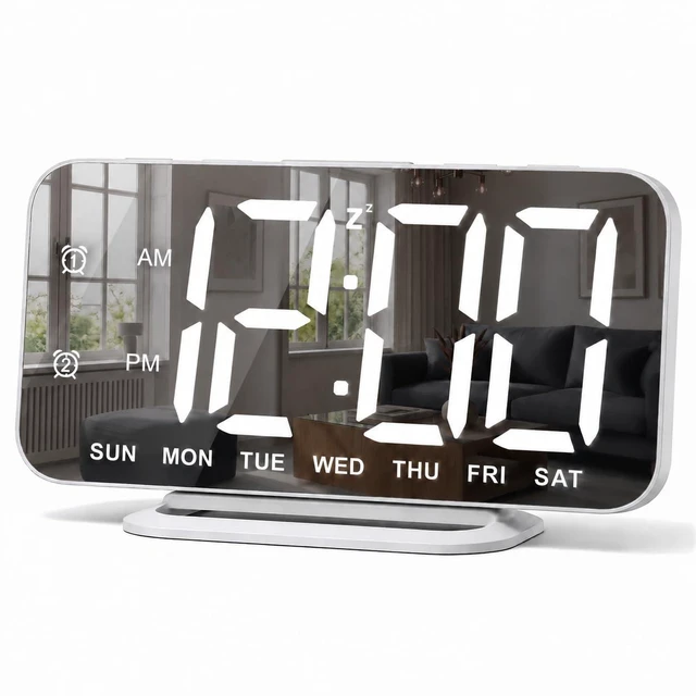 Main image of Slim LED Digital Alarm Clock, Mirror Surface for Makeup, with Diming, Large Display, Easy Setting, USB Charger Ports, Modern Bedroom, Desk, Office Living Room Decor, Christmas Birthday for Women Girl