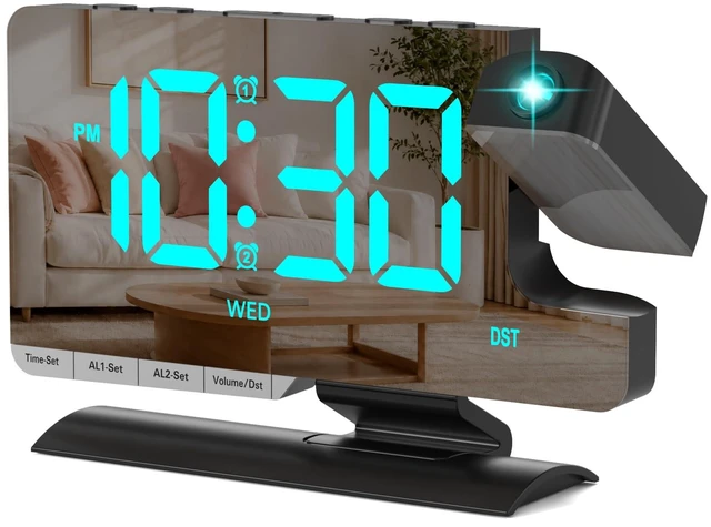 Main image of Projection Clock for Bedroom Ceiling, Desk LED Digital Alarm Clock Black | Loud Alarm,Adjustable Brightness,7.3 inch Mirror Large LED Display, USB & Type-C Charging Snooze DST Date 2 Alarms Room Decor