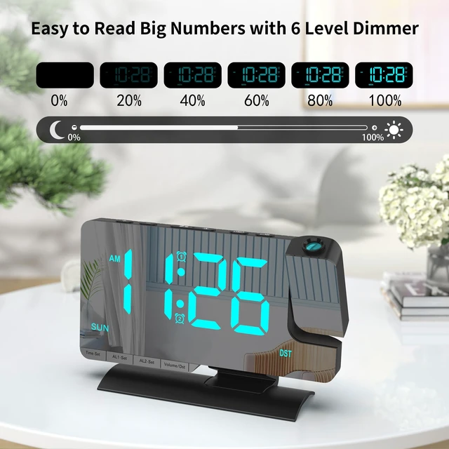 Alt view image 2 of 7 - Projection Clock for Bedroom Ceiling, Desk LED Digital Alarm Clock Black | Loud Alarm,Adjustable Brightness,7.3 inch Mirror Large LED Display, USB & Type-C Charging Snooze DST Date 2 Alarms Room Decor