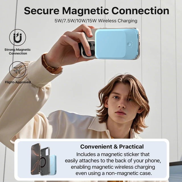 Alt view image 2 of 7 - NOBIS Slim Magnetic Power Bank 22.5W 5000mAh with Built-in Cable | 15W Wireless Portable Charger, USB-C In/Out Battery Pack for iPhone 17 and Android