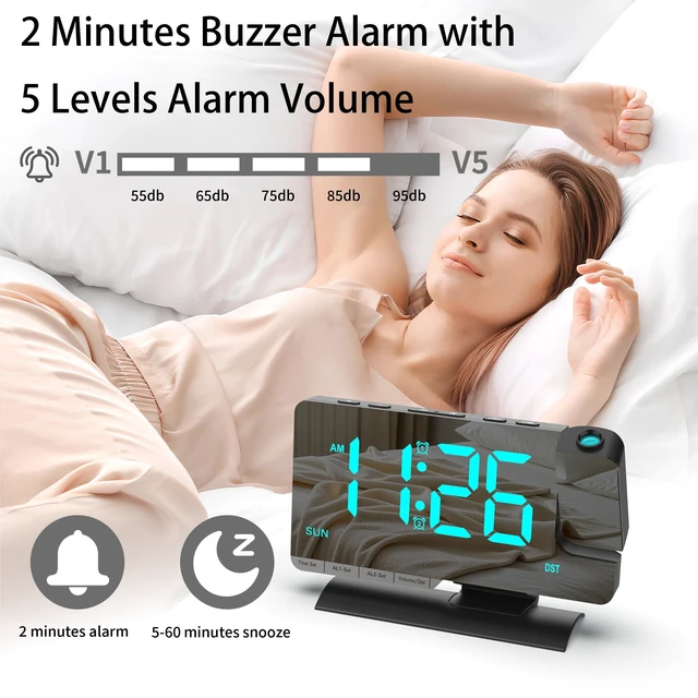 Alt view image 4 of 7 - Projection Clock for Bedroom Ceiling, Desk LED Digital Alarm Clock Black | Loud Alarm,Adjustable Brightness,7.3 inch Mirror Large LED Display, USB & Type-C Charging Snooze DST Date 2 Alarms Room Decor