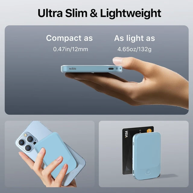 Alt view image 3 of 7 - NOBIS Slim Magnetic Power Bank 22.5W 5000mAh with Built-in Cable | 15W Wireless Portable Charger, USB-C In/Out Battery Pack for iPhone 17 and Android