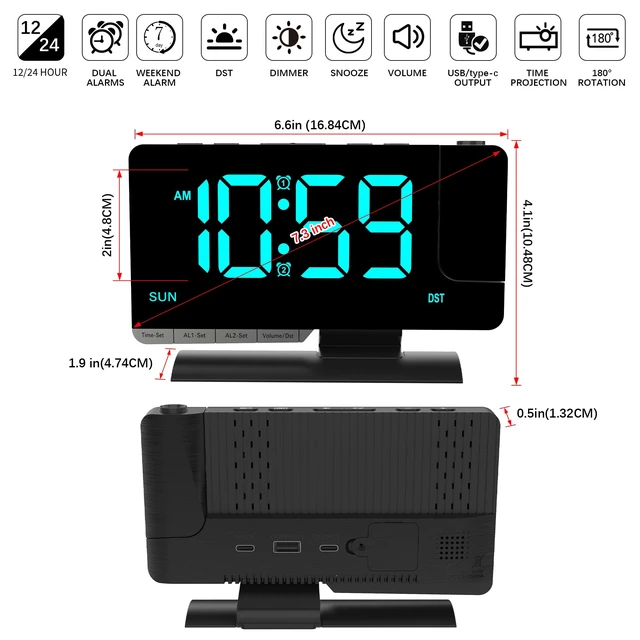 Alt view image 6 of 7 - Projection Clock for Bedroom Ceiling, Desk LED Digital Alarm Clock Black | Loud Alarm,Adjustable Brightness,7.3 inch Mirror Large LED Display, USB & Type-C Charging Snooze DST Date 2 Alarms Room Decor