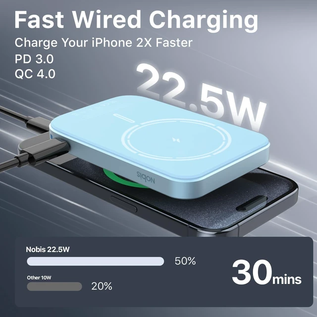 Alt view image 4 of 7 - NOBIS Slim Magnetic Power Bank 22.5W 5000mAh with Built-in Cable | 15W Wireless Portable Charger, USB-C In/Out Battery Pack for iPhone 17 and Android