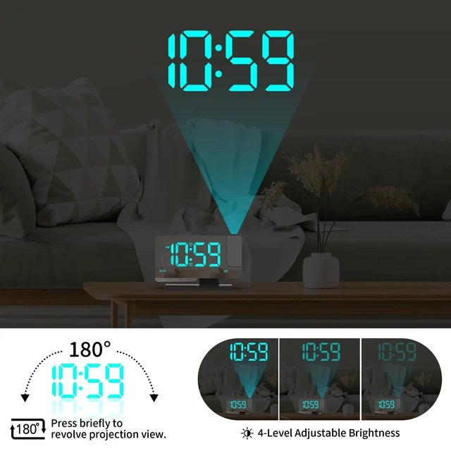 Alt view image 3 of 7 - Projection Clock for Bedroom Ceiling, Desk LED Digital Alarm Clock Black | Loud Alarm,Adjustable Brightness,7.3 inch Mirror Large LED Display, USB & Type-C Charging Snooze DST Date 2 Alarms Room Decor