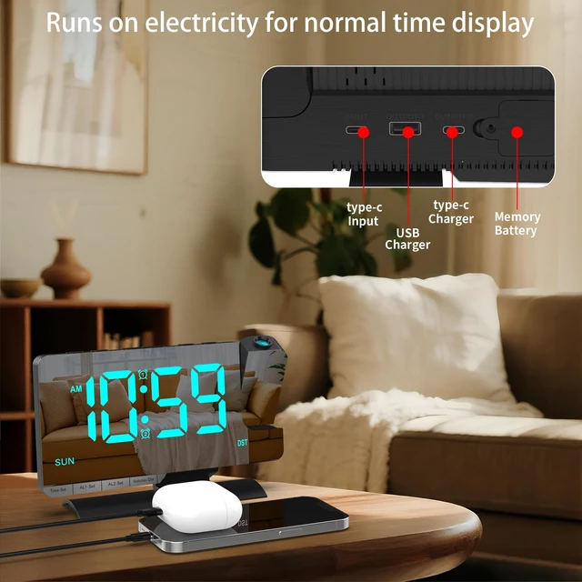 Alt view image 7 of 7 - Projection Clock for Bedroom Ceiling, Desk LED Digital Alarm Clock Black | Loud Alarm,Adjustable Brightness,7.3 inch Mirror Large LED Display, USB & Type-C Charging Snooze DST Date 2 Alarms Room Decor
