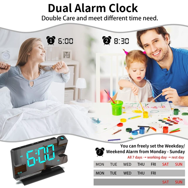 Alt view image 5 of 7 - Projection Clock for Bedroom Ceiling, Desk LED Digital Alarm Clock Black | Loud Alarm,Adjustable Brightness,7.3 inch Mirror Large LED Display, USB & Type-C Charging Snooze DST Date 2 Alarms Room Decor