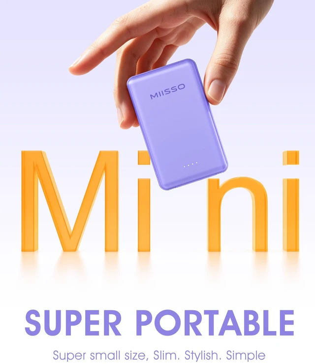 Alt view image 2 of 7 - miisso Ultra Slim 5000mAh Power Bank, Built-in Cables & AC Plug,Purple | Pocket Size Portable Charger,Mini Phone Charger,Travel Essential,USB C External Battery Pack Compatible with iPhone,Samsung