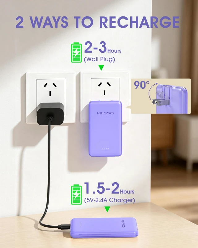 Alt view image 4 of 7 - miisso Ultra Slim 5000mAh Power Bank, Built-in Cables & AC Plug,Purple | Pocket Size Portable Charger,Mini Phone Charger,Travel Essential,USB C External Battery Pack Compatible with iPhone,Samsung