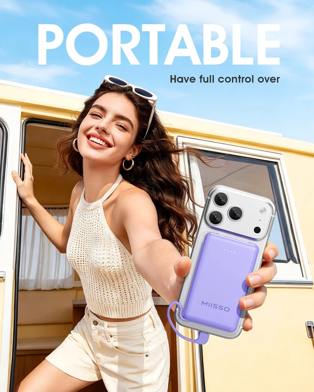 Alt view image 7 of 7 - miisso Ultra Slim 5000mAh Power Bank, Built-in Cables & AC Plug,Purple | Pocket Size Portable Charger,Mini Phone Charger,Travel Essential,USB C External Battery Pack Compatible with iPhone,Samsung