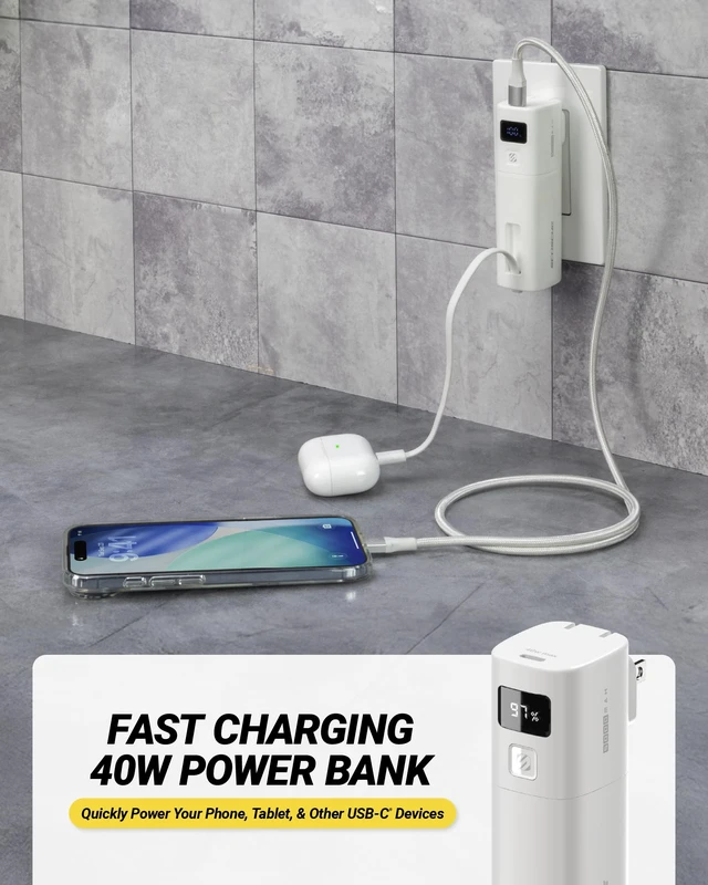 Alt view image 2 of 7 - Scosche 3-in-1 40W Power Bank with Wall Plug & Built-in USB-C Cable, 5,000mAh Portable Charger, Compact USB-C Fast Charging Battery Pack with Digital Display for iPhone 17/16, Galaxy, iPad & More