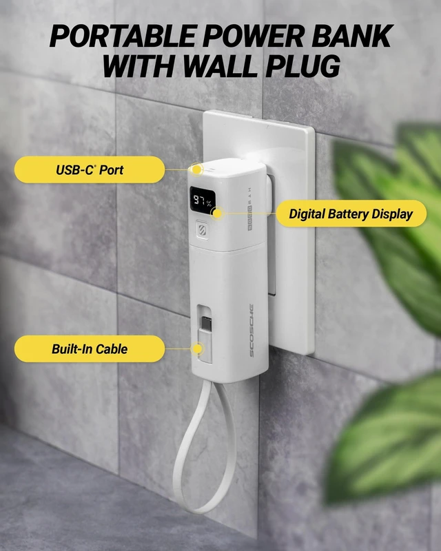 Alt view image 3 of 7 - Scosche 3-in-1 40W Power Bank with Wall Plug & Built-in USB-C Cable, 5,000mAh Portable Charger, Compact USB-C Fast Charging Battery Pack with Digital Display for iPhone 17/16, Galaxy, iPad & More