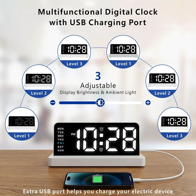 Alt view image 3 of 7 - Alarm Clock for Bedroom, Digital Clock with Charging Port, Plug in | Plumeet Bedside Desk Clock with Large Numbers, Alarm, Date, Week, Temp, Dimmer and Night Light, Adapter Powered