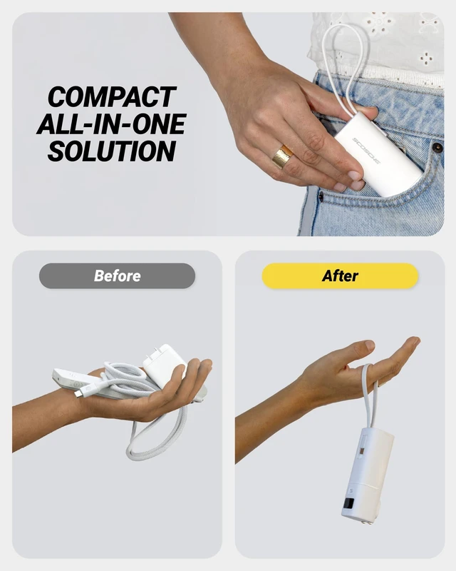 Alt view image 5 of 7 - Scosche 3-in-1 40W Power Bank with Wall Plug & Built-in USB-C Cable, 5,000mAh Portable Charger, Compact USB-C Fast Charging Battery Pack with Digital Display for iPhone 17/16, Galaxy, iPad & More