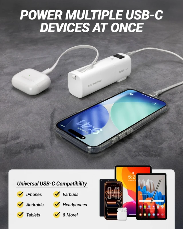 Alt view image 7 of 7 - Scosche 3-in-1 40W Power Bank with Wall Plug & Built-in USB-C Cable, 5,000mAh Portable Charger, Compact USB-C Fast Charging Battery Pack with Digital Display for iPhone 17/16, Galaxy, iPad & More