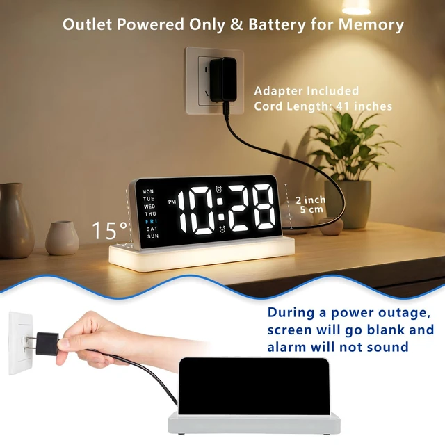 Alt view image 4 of 7 - Alarm Clock for Bedroom, Digital Clock with Charging Port, Plug in | Plumeet Bedside Desk Clock with Large Numbers, Alarm, Date, Week, Temp, Dimmer and Night Light, Adapter Powered