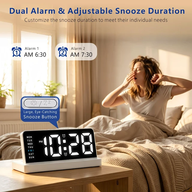 Alt view image 5 of 7 - Alarm Clock for Bedroom, Digital Clock with Charging Port, Plug in | Plumeet Bedside Desk Clock with Large Numbers, Alarm, Date, Week, Temp, Dimmer and Night Light, Adapter Powered