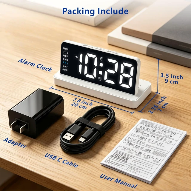 Alt view image 6 of 7 - Alarm Clock for Bedroom, Digital Clock with Charging Port, Plug in | Plumeet Bedside Desk Clock with Large Numbers, Alarm, Date, Week, Temp, Dimmer and Night Light, Adapter Powered