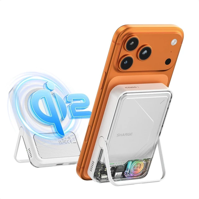 Main image of sharge for MagSafe Power Bank Qi2 15W 10000mAh Magnetic Portable Charger | 30W Two-Way Wired Fast Charging, Active Cooling Battery Pack, Foldable Stand, Transparent