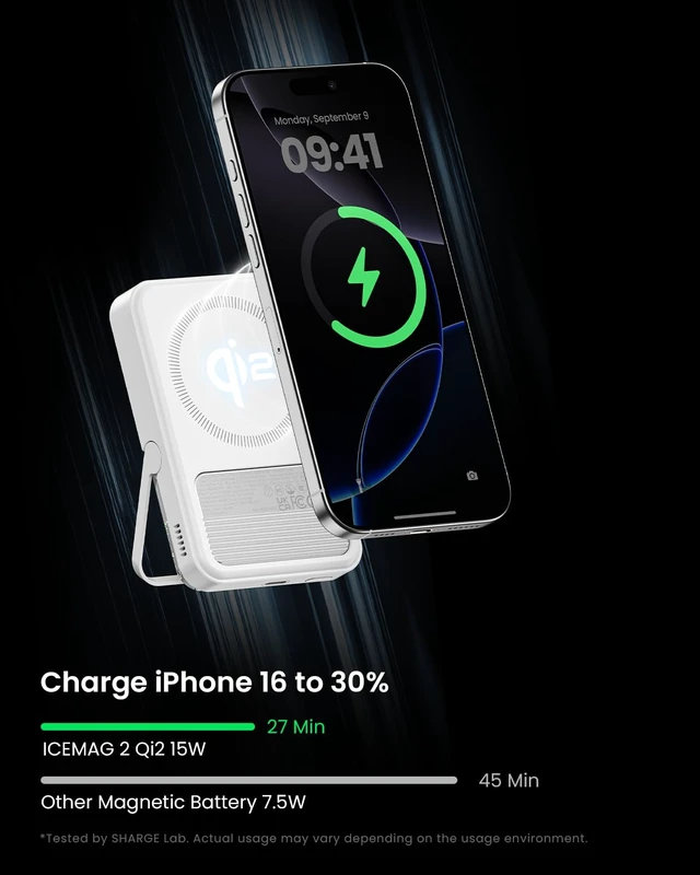 Alt view image 2 of 7 - sharge for MagSafe Power Bank Qi2 15W 10000mAh Magnetic Portable Charger | 30W Two-Way Wired Fast Charging, Active Cooling Battery Pack, Foldable Stand, Transparent