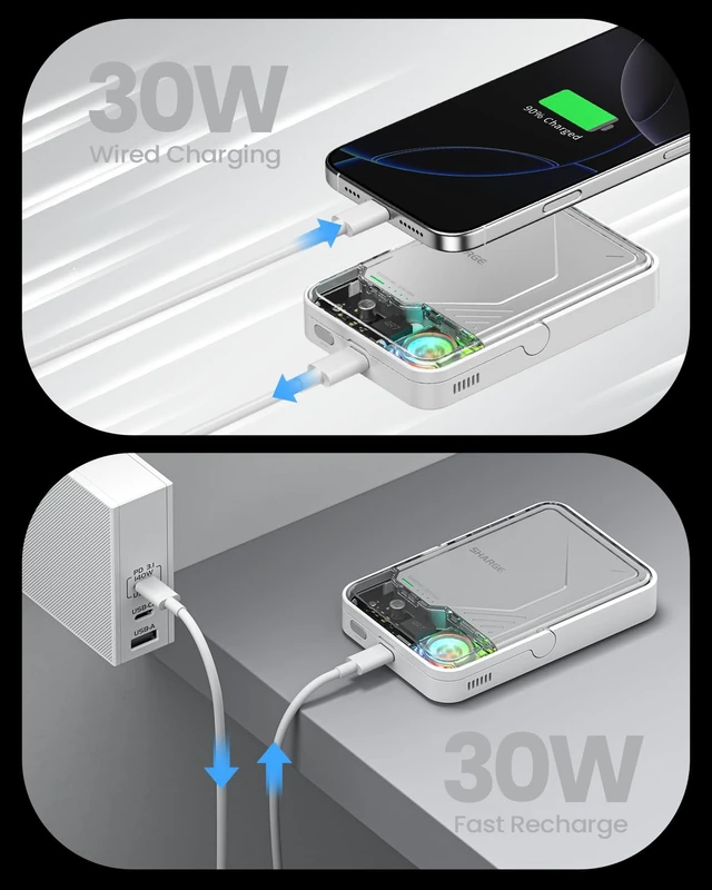 Alt view image 3 of 7 - sharge for MagSafe Power Bank Qi2 15W 10000mAh Magnetic Portable Charger | 30W Two-Way Wired Fast Charging, Active Cooling Battery Pack, Foldable Stand, Transparent
