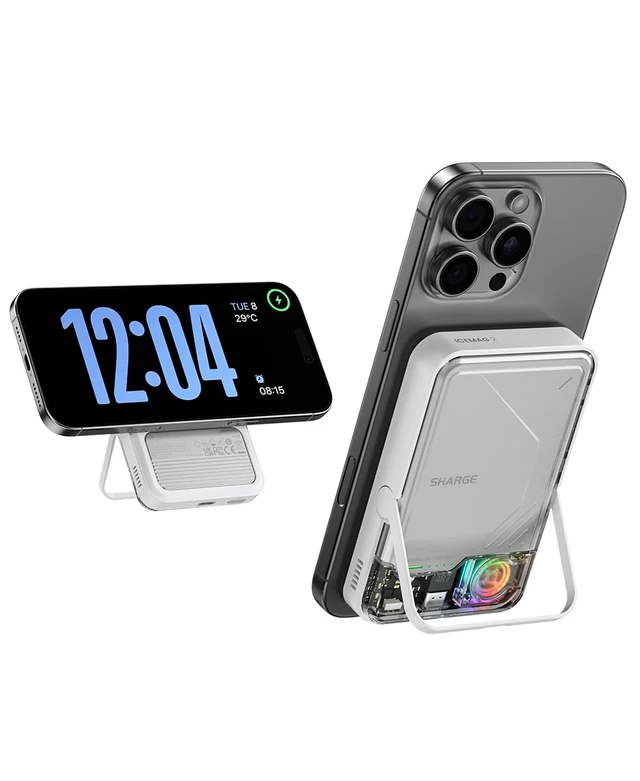Alt view image 7 of 7 - sharge for MagSafe Power Bank Qi2 15W 10000mAh Magnetic Portable Charger | 30W Two-Way Wired Fast Charging, Active Cooling Battery Pack, Foldable Stand, Transparent