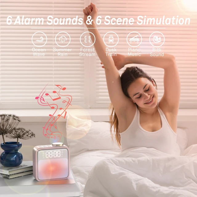 Alt view image 2 of 7 - AIRIVO Alarm Clock Night Lights, Rechargeable Alarm Clock for Bedrooms, 6 Scenes & White Noise Sync, Dual Alarms & Snooze, for Heavy Sleepers, Gifts for Kids Teens (Pink)