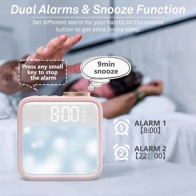 Alt view image 3 of 7 - AIRIVO Alarm Clock Night Lights, Rechargeable Alarm Clock for Bedrooms, 6 Scenes & White Noise Sync, Dual Alarms & Snooze, for Heavy Sleepers, Gifts for Kids Teens (Pink)