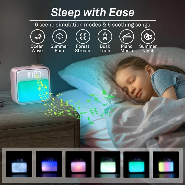 Alt view image 4 of 7 - AIRIVO Alarm Clock Night Lights, Rechargeable Alarm Clock for Bedrooms, 6 Scenes & White Noise Sync, Dual Alarms & Snooze, for Heavy Sleepers, Gifts for Kids Teens (Pink)