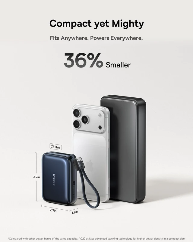 Alt view image 2 of 7 - Baseus PicoGo Mini Power Bank, 20000mAh 45W PD Portable Charger Built-in USB-C Cable, Travel Essential Compact Battery Pack, Fast Charging for iPhone Duo/18/17/16/15 Samsung S26/S25