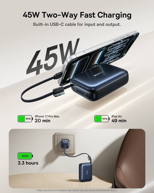 Alt view image 3 of 7 - Baseus PicoGo Mini Power Bank, 20000mAh 45W PD Portable Charger Built-in USB-C Cable, Travel Essential Compact Battery Pack, Fast Charging for iPhone Duo/18/17/16/15 Samsung S26/S25