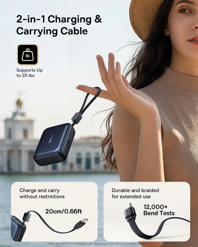 Alt view image 4 of 7 - Baseus PicoGo Mini Power Bank, 20000mAh 45W PD Portable Charger Built-in USB-C Cable, Travel Essential Compact Battery Pack, Fast Charging for iPhone Duo/18/17/16/15 Samsung S26/S25