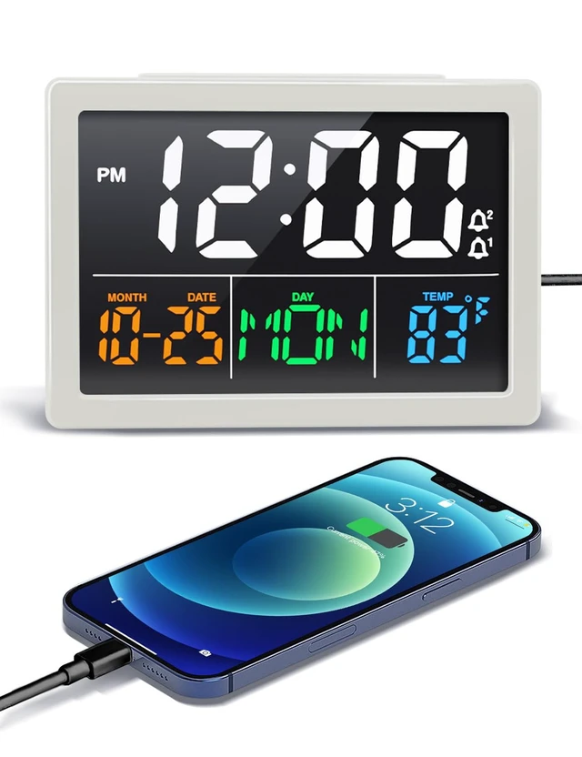 Main image of JALL Digital Clock with Date Day for Seniors, Electric Alarm Clocks for Bedrooms with Temperature, 2 Alarms, Dimmer, Dual USB Charger, Battery Backup, Volume Control, Snooze, Bedside Desk Clock, White