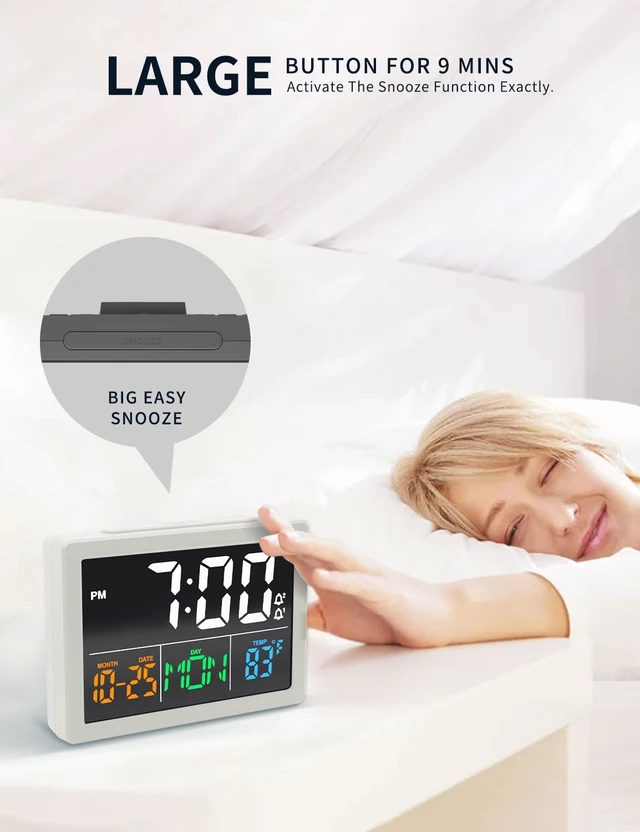 Alt view image 3 of 7 - JALL Digital Clock with Date Day for Seniors, Electric Alarm Clocks for Bedrooms with Temperature, 2 Alarms, Dimmer, Dual USB Charger, Battery Backup, Volume Control, Snooze, Bedside Desk Clock, White