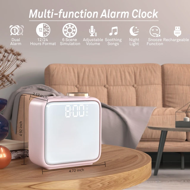 Alt view image 7 of 7 - AIRIVO Alarm Clock Night Lights, Rechargeable Alarm Clock for Bedrooms, 6 Scenes & White Noise Sync, Dual Alarms & Snooze, for Heavy Sleepers, Gifts for Kids Teens (Pink)