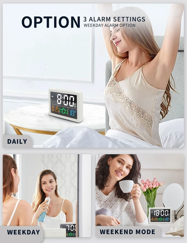 Alt view image 5 of 7 - JALL Digital Clock with Date Day for Seniors, Electric Alarm Clocks for Bedrooms with Temperature, 2 Alarms, Dimmer, Dual USB Charger, Battery Backup, Volume Control, Snooze, Bedside Desk Clock, White