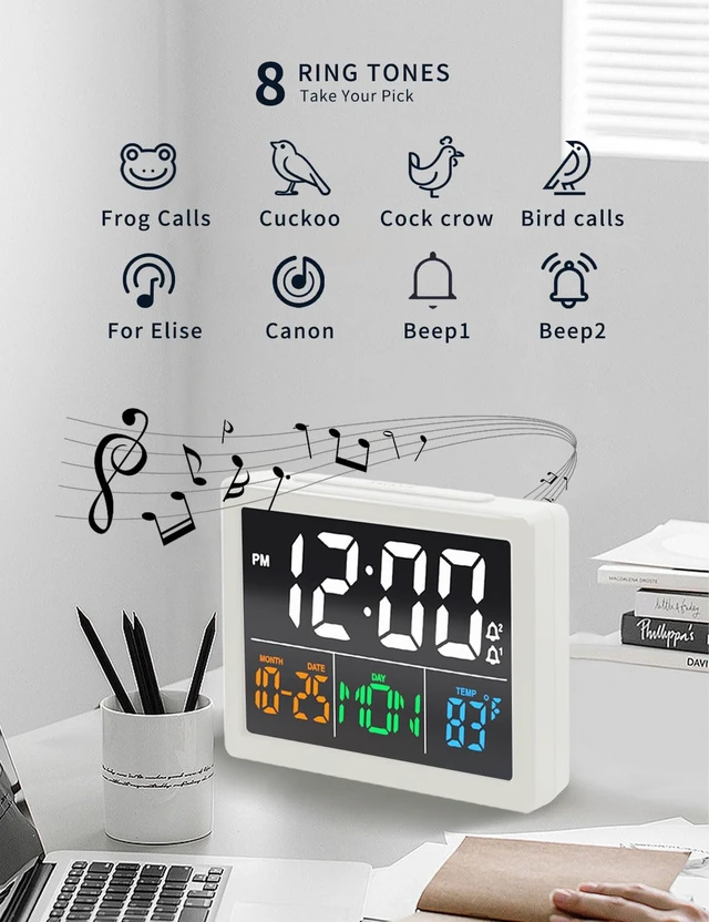 Alt view image 7 of 7 - JALL Digital Clock with Date Day for Seniors, Electric Alarm Clocks for Bedrooms with Temperature, 2 Alarms, Dimmer, Dual USB Charger, Battery Backup, Volume Control, Snooze, Bedside Desk Clock, White