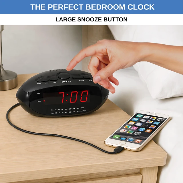 Alt view image 4 of 7 - Digital Alarm Clock with Dual USB Ports | AM/FM Clock Radio with Red LED Display, Snooze, Sleep Timer, AUX Input, and Battery Backup | Compact Desk or Bedside Alarm for Bedroom, Dorm, or Office
