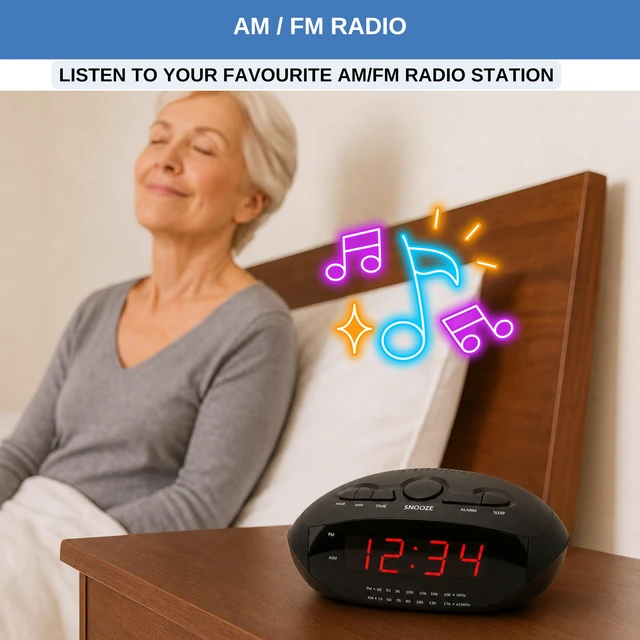 Alt view image 5 of 7 - Digital Alarm Clock with Dual USB Ports | AM/FM Clock Radio with Red LED Display, Snooze, Sleep Timer, AUX Input, and Battery Backup | Compact Desk or Bedside Alarm for Bedroom, Dorm, or Office