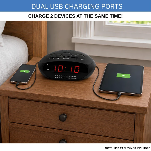 Alt view image 2 of 7 - Digital Alarm Clock with Dual USB Ports | AM/FM Clock Radio with Red LED Display, Snooze, Sleep Timer, AUX Input, and Battery Backup | Compact Desk or Bedside Alarm for Bedroom, Dorm, or Office