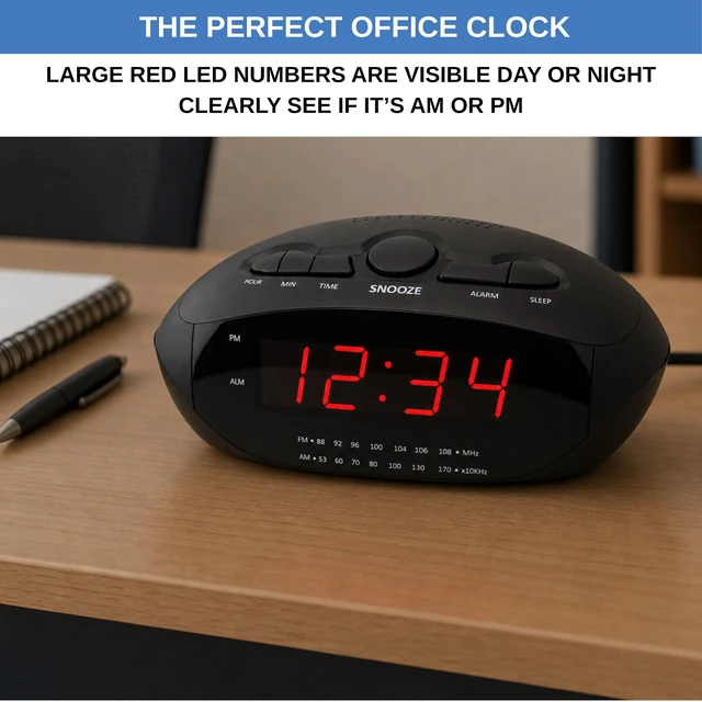 Alt view image 7 of 7 - Digital Alarm Clock with Dual USB Ports | AM/FM Clock Radio with Red LED Display, Snooze, Sleep Timer, AUX Input, and Battery Backup | Compact Desk or Bedside Alarm for Bedroom, Dorm, or Office