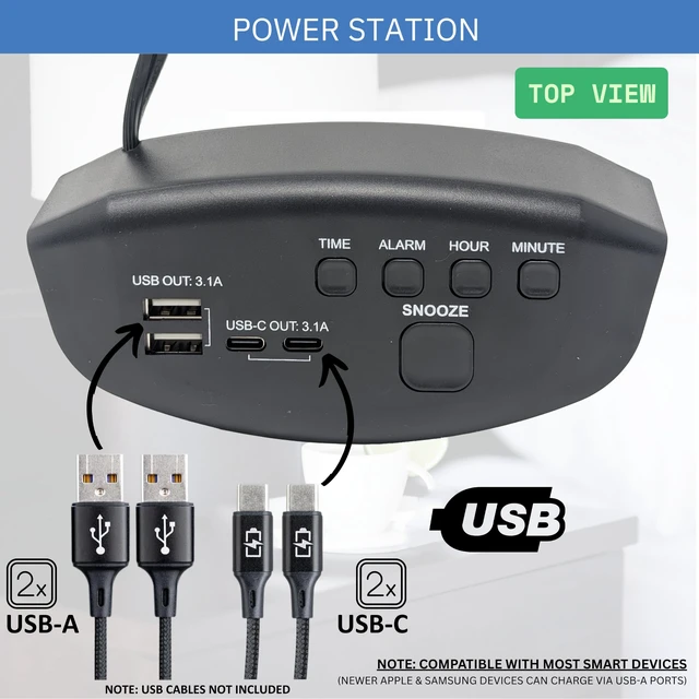 Alt view image 3 of 5 - Ken-Tech Digital Alarm Clocks for Bedrooms, 2 x USB-C and 2 x USB-A Charging Ports. Loud Alarm Clock for Heavy Sleepers Perfect for Bedroom, Desk, and Office.