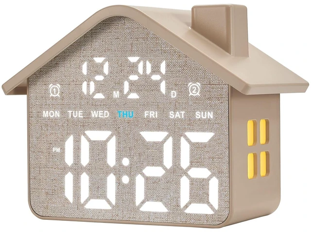 Main image of Plumeet Digital Alarm Clock, Bedroom Clock with Large Numbers, Date, Week, Dual Alarms, Dimmer and Ambient Light, House-Shaped Electric Bedside Desk Clock, Adapter Batteries Powered, Grey