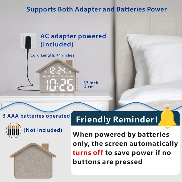 Alt view image 2 of 7 - Plumeet Digital Alarm Clock, Bedroom Clock with Large Numbers, Date, Week, Dual Alarms, Dimmer and Ambient Light, House-Shaped Electric Bedside Desk Clock, Adapter Batteries Powered, Grey