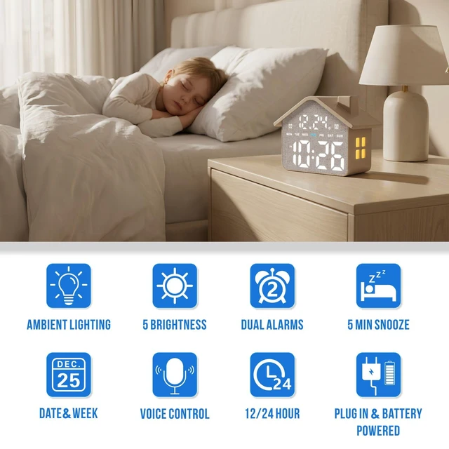 Alt view image 3 of 7 - Plumeet Digital Alarm Clock, Bedroom Clock with Large Numbers, Date, Week, Dual Alarms, Dimmer and Ambient Light, House-Shaped Electric Bedside Desk Clock, Adapter Batteries Powered, Grey