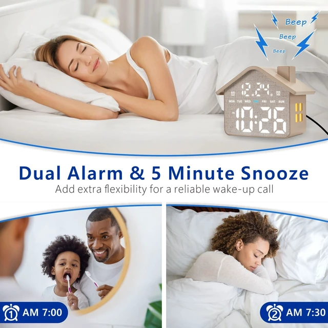 Alt view image 5 of 7 - Plumeet Digital Alarm Clock, Bedroom Clock with Large Numbers, Date, Week, Dual Alarms, Dimmer and Ambient Light, House-Shaped Electric Bedside Desk Clock, Adapter Batteries Powered, Grey