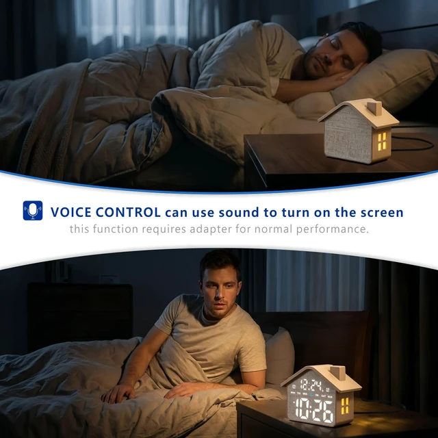 Alt view image 6 of 7 - Plumeet Digital Alarm Clock, Bedroom Clock with Large Numbers, Date, Week, Dual Alarms, Dimmer and Ambient Light, House-Shaped Electric Bedside Desk Clock, Adapter Batteries Powered, Grey