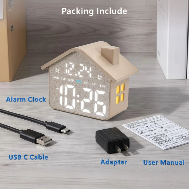 Alt view image 7 of 7 - Plumeet Digital Alarm Clock, Bedroom Clock with Large Numbers, Date, Week, Dual Alarms, Dimmer and Ambient Light, House-Shaped Electric Bedside Desk Clock, Adapter Batteries Powered, Grey