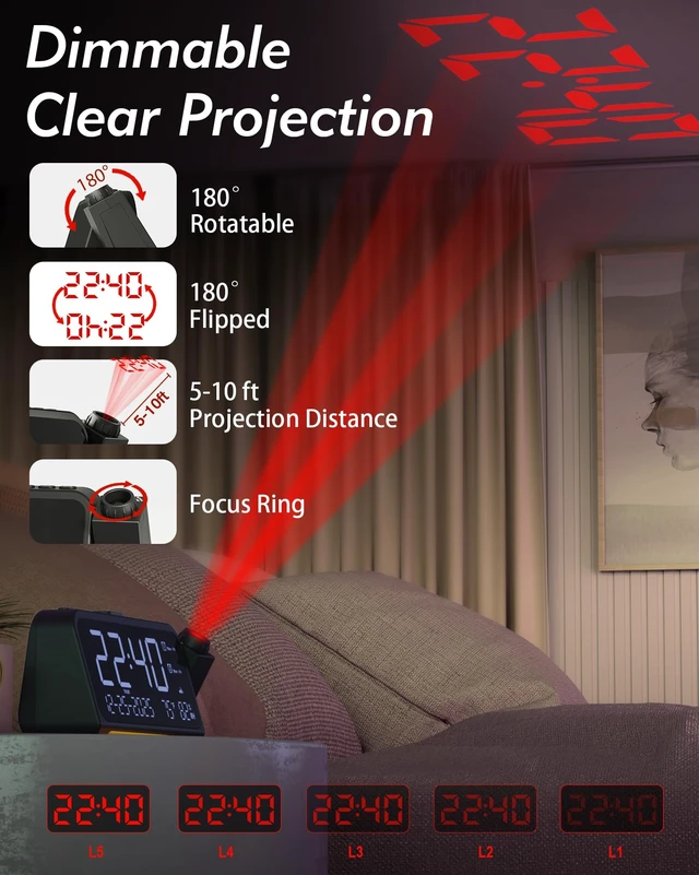 Alt view image 2 of 7 - Roxicosly Projection Alarm Clock for Bedroom Ceiling, 118 dB Super Loud for Heavy Sleepers, Plug in Dual Alarm with Weekday/Weekend, 6.7" Large Digital Dimmable Display, Easy to Read