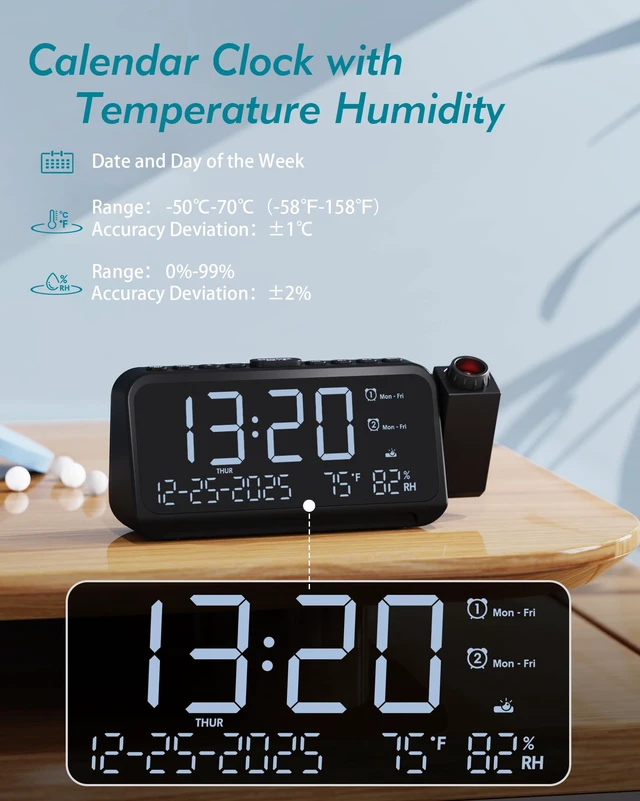 Alt view image 3 of 7 - Roxicosly Projection Alarm Clock for Bedroom Ceiling, 118 dB Super Loud for Heavy Sleepers, Plug in Dual Alarm with Weekday/Weekend, 6.7" Large Digital Dimmable Display, Easy to Read